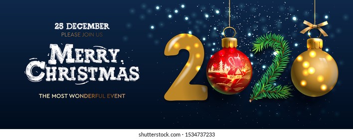 Merry Christmas and Happy New Year 2020 banner, Xmas festive decoration. Horizontal Christmas posters, cards, headers, website. Vector illustration