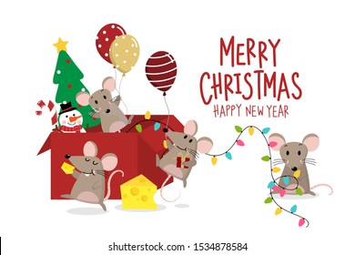 Merry Christmas and happy new year 2020 greeting card. Cute mouse, snowman, candy and tree in a red box. Little rat in holiday cartoon. Animal character vector.