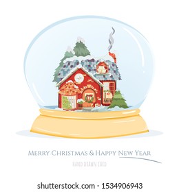 Merry Christmas and Happy New Year hand drawn vector illustration. Bright colorful house. Perfect for invitation, card, banner flyer, sale