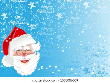 Merry Christmas and happy new year. Christmas card with Santa Claus. On a blue background inscriptions and toys for the holidays: teddy bear, snowman, stars, snowflakes, confetti. Vector illustration