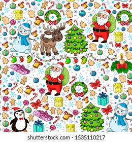 Merry Christmas and happy new year. Santa Claus, deer, snowman, penguin. Vector pattern.