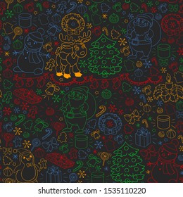 Merry Christmas and happy new year. Santa Claus, deer, snowman, penguin. Vector pattern.