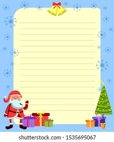 Merry Christmas and Happy New Year postcard.Santa Claus, Christmas tree and gifts.Vector Illustration.