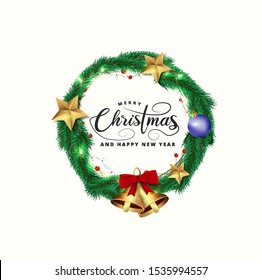 Merry christmas and Happy New Year greeting card design with top view of bauble, tree pines, stars and lighting garland decoration on white background.