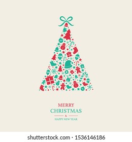 Merry Christmas and Happy New Year. Greeting card with tree. Vector