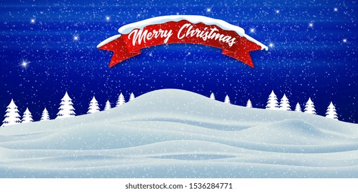 Merry Christmas and Happy New Year. Winter snowy landscape with pines and hills. Vector illustration.