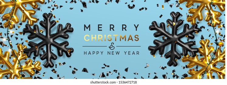 Merry Christmas and Happy New Year Banner. gold and black snowflake volumetric, golden and dark confetti, tinsel, realistic Xmas lights of garlands. Festive composition decoration 3d render objects