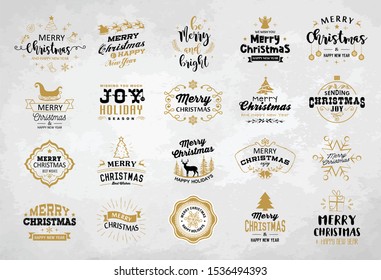 Merry Christmas and Happy New Year decoration set of typography, hand drawn, tags, logos, emblems design for invitation, greeting card, banner, label, gift.