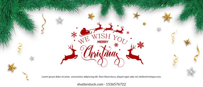 Merry Christmas and Happy New Year. Banner with Christmas tree branches, gold star, confetti and text. Vector illustration.