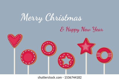 Merry Christmas and Happy new year greeting card with gingerbread cookie on a stick on blue background. 