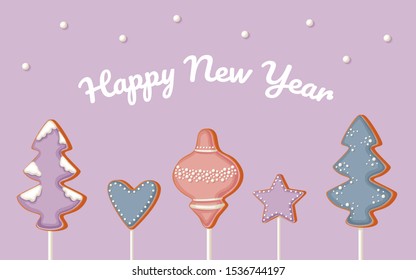 Merry Christmas and Happy new year greeting card with gingerbread cookie on a stick on lilac background. 