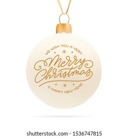 Merry Christmas and Happy New Year typography on 3d realistic fir tree ball. Clear light vector mesh illustration for prints greeting cards posters.