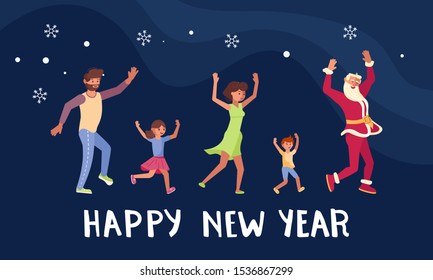 Merry Christmas and Happy New Year card! Young athletic Santa Claus and funny family dancing on holiday party isolated. Flat Art Vector illustration