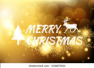 Merry Christmas and happy new year postcard concept. Reindeer and tree gold blur bokeh background. Vector illustration design.
