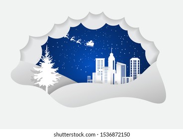 Merry Christmas and Happy New Year. Vector Illustration of Santa Claus and star on the sky coming to City ,paper art and digital craft style.