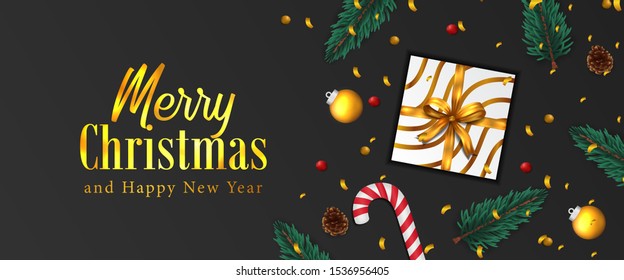 Merry christmas and happy new year. Xmas poster banner. gold confetti, fir spruce leaves garland, bauble, pine cone, present box, candy cane. luxury poster template. top above view. black background