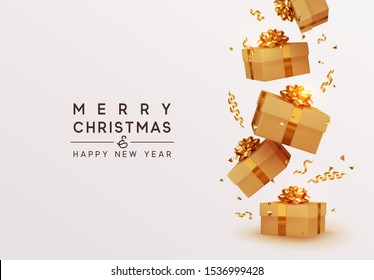 Merry Christmas And Happy New Year. Realistic Brown Gift Boxes. Falling Shiny Golden Confetti Isolated On White Background. Bright Festive Tinsel Of Gold Color. Xmas Present