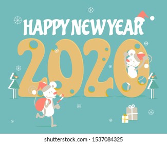 merry christmas and happy new year, rat zodiac sign, snowflake with 2020 cheese text design in green background, winter season, flat vector illustration cartoon character costume greeting card