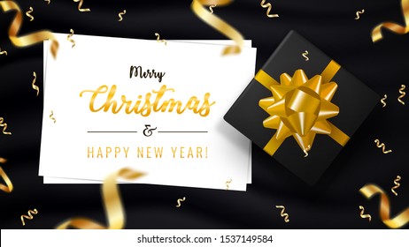 Merry Christmas and Happy New Year horizontal banner. Holiday background with bokeh effect, two white sheets and falling gold ribbons. Vector illustration with golden confetti and realistic gift box.
