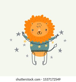 Merry Christmas and Happy New year! Leo with garland. Funny lion in Scandinavian style. Greeting Hand drawn card. Funny cartoon character for kids.