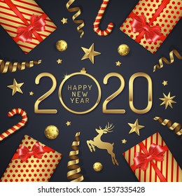 Merry christmas and happy new year 2020  banner template typography, glitter balls, stars, ribbons and gifts decoration for flyers, poster, web, poster and card vector illustration