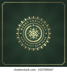 Merry christmas and happy new year text greeting card vintage typographic design, ornate decoration with snowflake symbol, winter holidays wish, ornament and frame. Vector illustration.