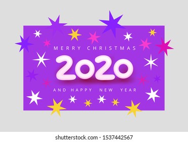 Merry christmas and happy new year 2020 colorful vector illustration. White 3D number 2020 on violet-red-yellow background with snowflakes. Holiday poster, flyer or banner design