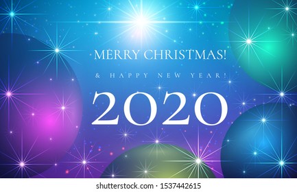 Merry Christmas and Happy New Year 2020 beautiful fairytale vector illustration. Magical starry sky with a shiny Christmas star and Christmas balls. Festive poster, flyer or banner design