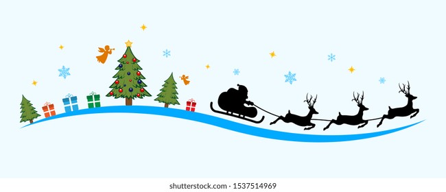 Merry Christmas and Happy New Year. Santa Claus sleigh flying among Christmas trees and gifts. Vector illustration.