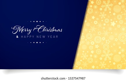Merry Christmas and Happy New Year card template with golden pattern and blue background - vector illustration