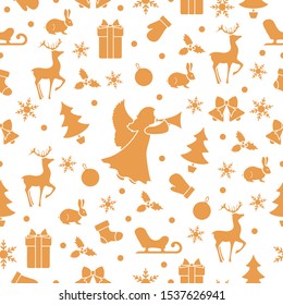 Merry Christmas Happy New Year 2020 background. Vector seamless pattern with angel, Santa Claus reindeer, gifts, Christmas sock, bells, hare, Christmas tree, ball, mistletoe, sled, mittens, snowflakes