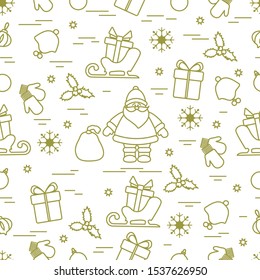 Merry Christmas Happy New Year 2020. Vector seamless pattern Santa Claus, gifts, Christmas tree decorations, mistletoe, sleigh, mittens, baby hat, snowflakes. Festive background. Design for print.