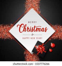 Merry Christmas and Happy New Year banner with white square, red balls, realistic gift and glitter sparkles on dark background. Vector illustration