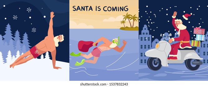 Merry Christmas and Happy New Year card! Young athletic Santa Claus isolated. Flat Art Vector illustration