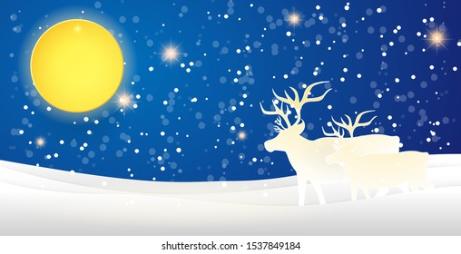 Merry Christmas and happy new year postcard concept. Reindeer and moon on snowflake bokeh background. Vector illustration in paper art design.