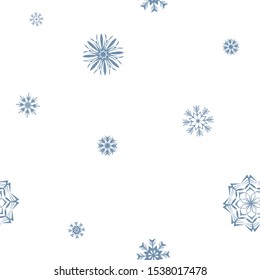 Merry Christmas and Happy New Year holiday seamless pattern with blue snowflakes isolated on white background. Abstract winter texture for your holiday design. Vector snow illustration
