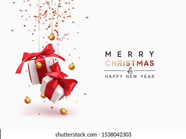 Merry Christmas and Happy New Year. Background with realistic festive 3d gifts box. Xmas present. white with red ribbon gift surprise, Golden Christmas baubles, balls, glitter red confetti