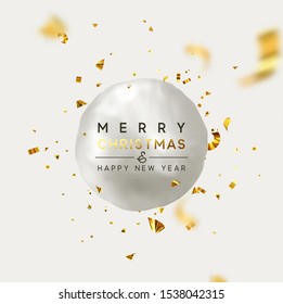 Merry Christmas and Happy New Year. Abstract background White Snow ball. Render 3d silver lump of round snow. Winter Pattern with white round spheres. Golden Confetti Flying