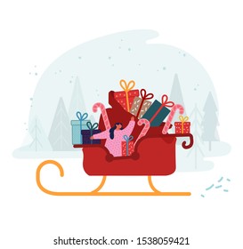 Merry Christmas and Happy New Year Greetings. Girl Santa Claus Helper Riding Reindeer Sledge with Huge Bag Full of Wrapped Gift Boxes Waving Hand. Winter Holidays Cartoon Flat Vector Illustration