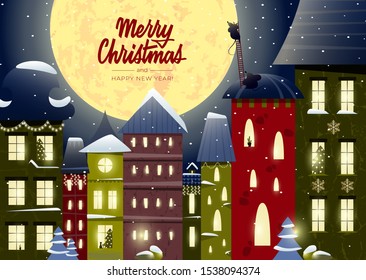 Merry Christmas and Happy New Year card with lettering and a fabulous city, houses decorated with garlands, funny mice