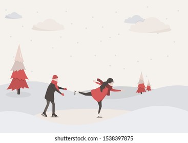 Merry Christmas and Happy New Year illustration of young adult couple ice skating on winter park landscape. Romantic holiday design for web banner or greeting card. EPS10 vector