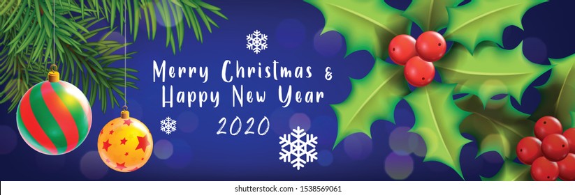 merry christmas and happy new year 2020. banner, Xmas sparkling lights. Horizontal christmas posters, cards, headers, website