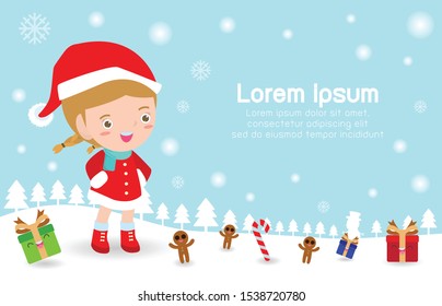 Merry Christmas and happy new year, group Kids With Christmas Costumes greeting card background, Template for advertising brochure,your text, Santa Claus and frame, isolated vector Illustration