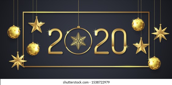 Merry christmas and happy new year 2020 banner template hanging stars, frame and golden glitter balls decoration for flyers, poster, web and card vector illustration