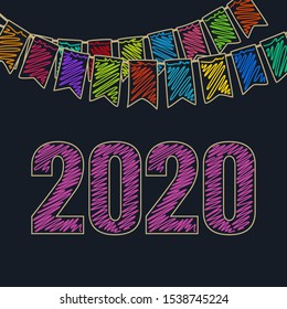 Merry Christmas and Happy New Year ,Festive Background, Holiday Colorful Colored Bunting Flags and the Purple Date of 2020, Drawing Crayons or Markers, Vector Illustration