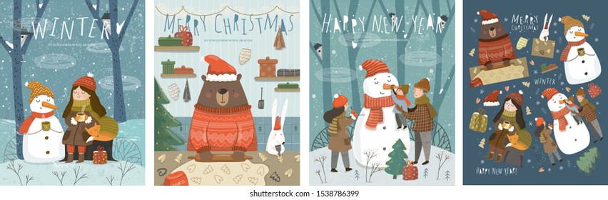 Merry Christmas   Happy New Year! Cute vector illustrations and characters  family  animals   snowman for the winter holidays for card  background poster 
