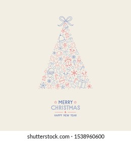 Merry Christmas and Happy New Year. Greeting card with Xmas tree. Vector