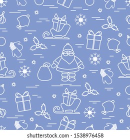 Merry Christmas Happy New Year 2020. Vector seamless pattern Santa Claus, gifts, Christmas tree decorations, mistletoe, sleigh, mittens, baby hat, snowflakes. Festive background. Design for print.