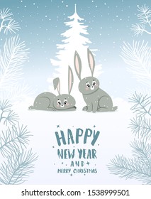 Merry Christmas and Happy New Year. Beautiful winter card with cute cartoon bunnys. Vector illustration