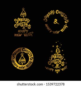 Merry Christmas & Happy New Year! Gold holiday labels on a black background a set of four templates. Christmas tree and stars. Set of four vector templates for the New Year design. 

